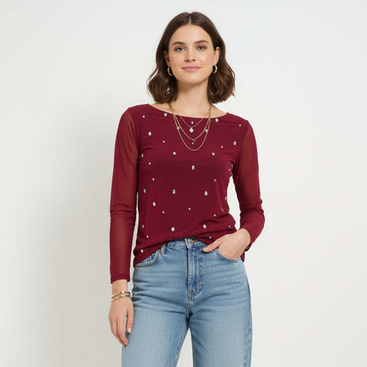 Women's Mesh Long Sleeve Top with Rhinestone Embellishments – Sheer Slim Fit Blouse