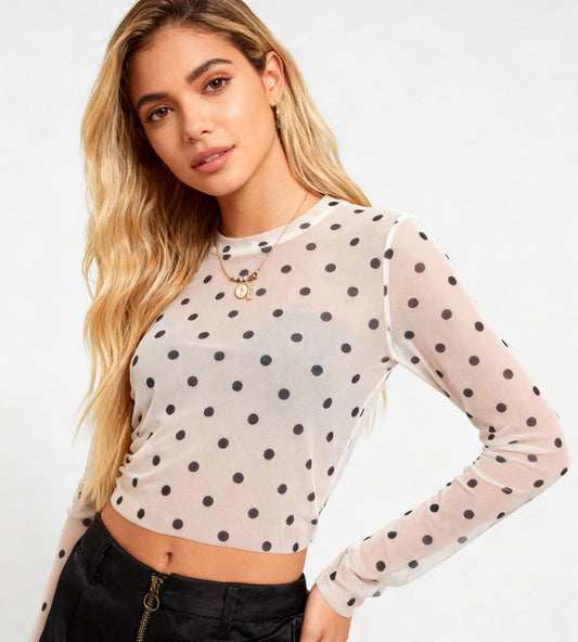 Cherie Code Women’s Long Sleeve Polka Dot Mesh Top with Stretch