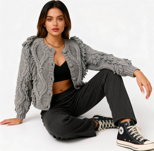 Cherie Code Women’s Textured Knit Cardigan with Fringe Detail – Long Sleeve