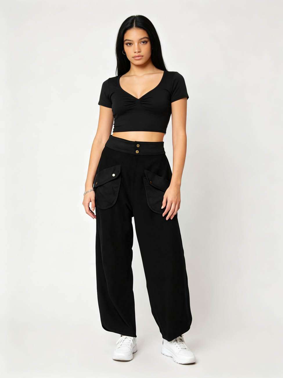 Cherie Code Women's Trendy Wide Leg Utility Pants – High Waist Relaxed Cargo Trousers for Casual Streetwear