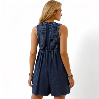 Women's Denim Romper - Sleeveless V-Neck Jumpsuit with Tie Front & Pockets Cherie Code