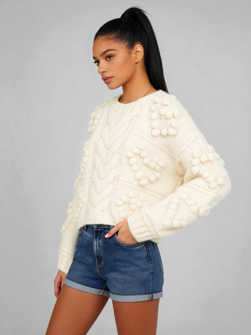 Cherie Code Women’s Cream Cable‑Knit Heart Pattern Sweater – Cozy Round Neck Long Sleeve Pullover