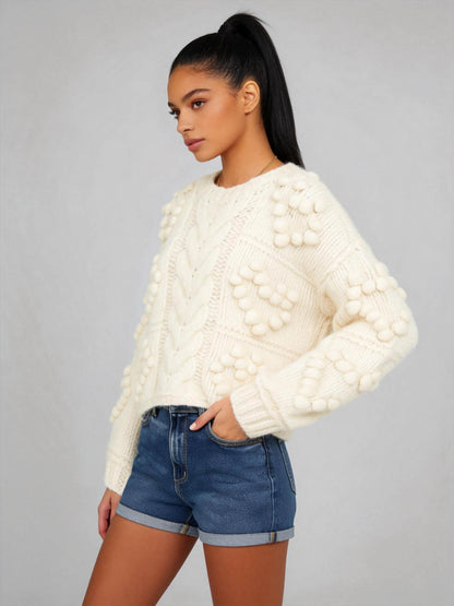 Cherie Code Women’s Cream Cable‑Knit Heart Pattern Sweater – Cozy Round Neck Long Sleeve Pullover