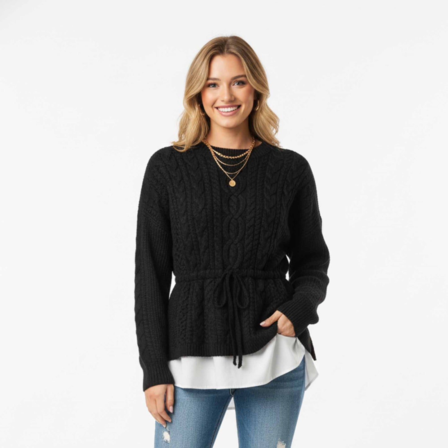 Cherie Code Women’s Layered‑Look Cable Knit Sweater – Two‑in‑One Style Pullover