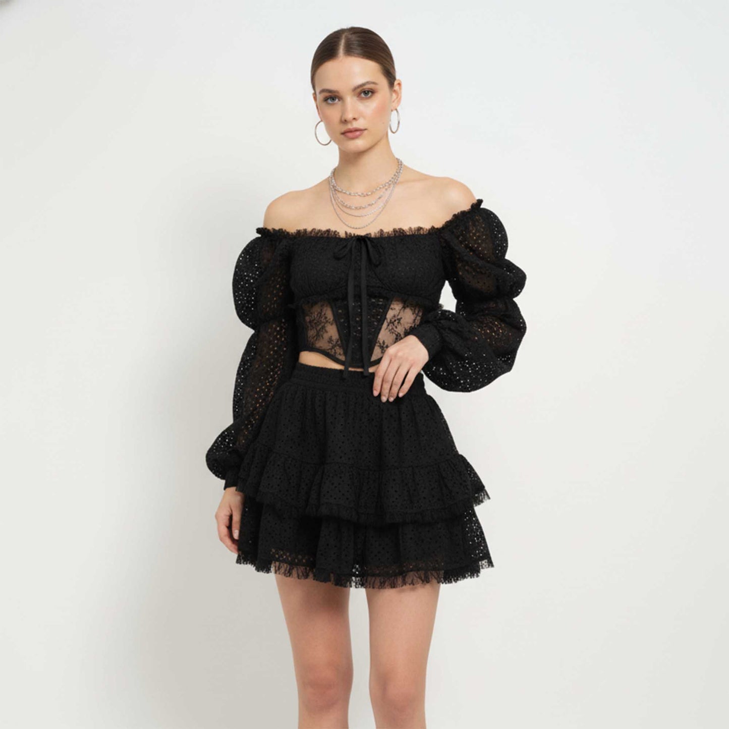 Cherie Code Women’s Black Lace Crop Top & Tiered Lace Mini Skirt Set – Elegant Two‑Piece Evening Ensemble