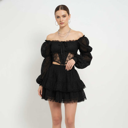 Cherie Code Women’s Black Lace Crop Top & Tiered Lace Mini Skirt Set – Elegant Two‑Piece Evening Ensemble