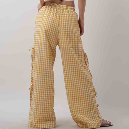 Women Everyday Checked Elastic Waist Side Strape Bowtie Casual Loungewear Pants Cherie Code