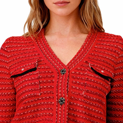Cherie Code Women’s Red Stripe Long‑Sleeve Knit Cardigan & Skirt Set – Textured Rib Knit Button‑Front Two‑Piece Suit