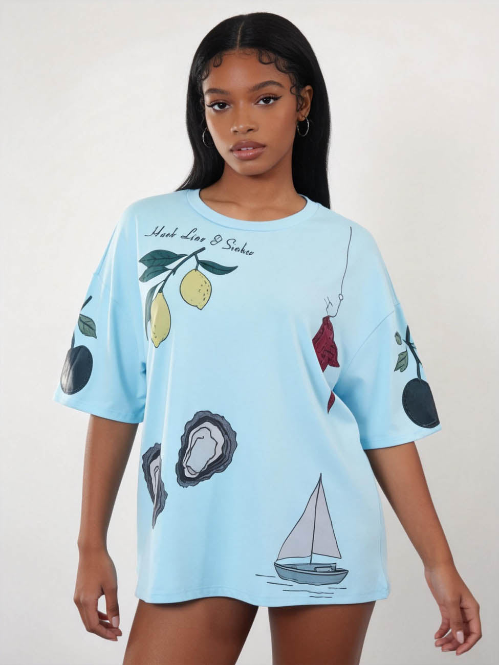 Cherie Code Women’s Oversized Graphic Tee – Fun Food & Cutlery Print, Casual Summer Top