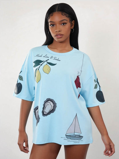 Cherie Code Women’s Oversized Graphic Tee – Fun Food & Cutlery Print, Casual Summer Top