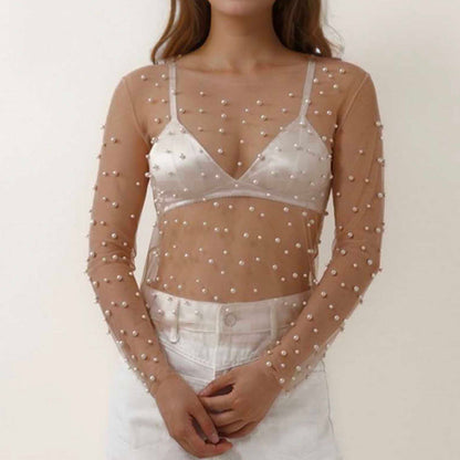 Chic Long Sleeve Sheer Top with Pearl Details - Non-Stretch Polyamide Layering Essential Cherie Code