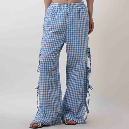 Women Everyday Checked Elastic Waist Side Strape Bowtie Casual Loungewear Pants Cherie Code