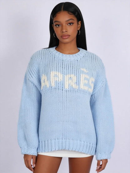 Women's Chunky Knit Oversized Sweater,Graphic Crewneck Pullover, Soft Cozy Long Sleeve Casual Winter Top - Cherie Code