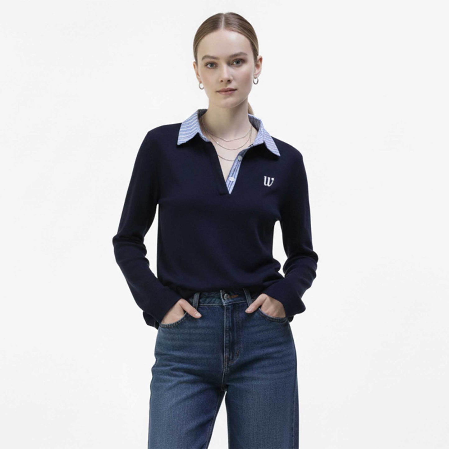 Cherie Code Women’s Ribbed Polo Sweater – Knit Fabric, Long Sleeve, Collegiate Fit