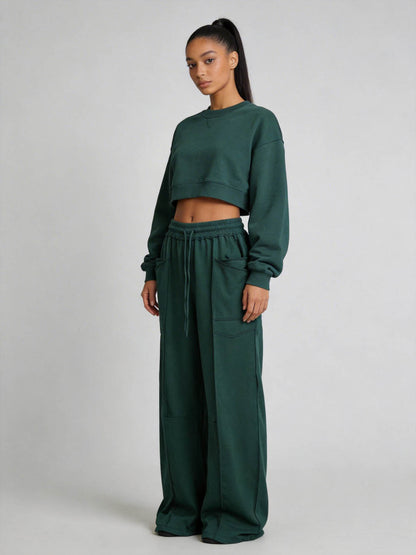 Cherie Code Women's High-Rise Wide Leg Pants with Drawstring and Pockets – Stretch Knit Casual Lounge Pants