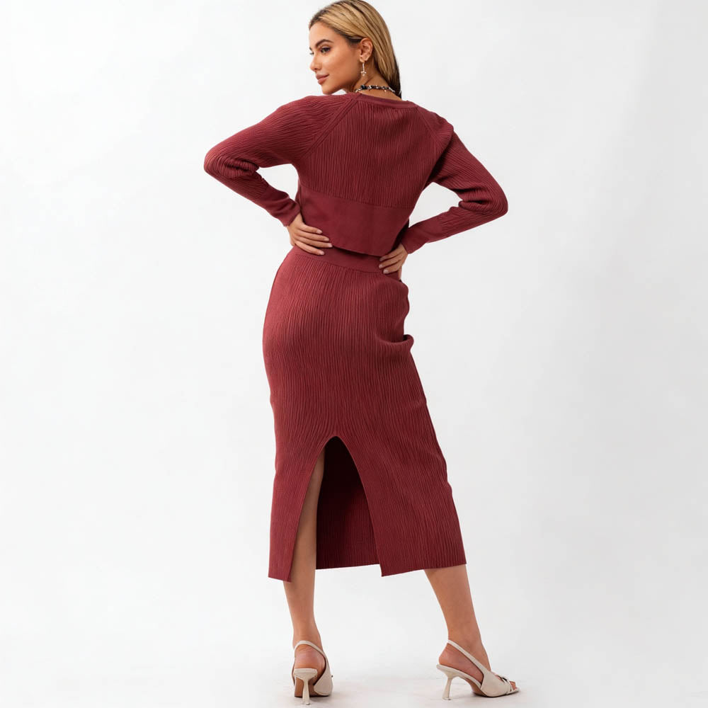 Women's Sweater Set - Stretch Knit Top & Back-Slit Midi Skirt Matching Set Cherie Code