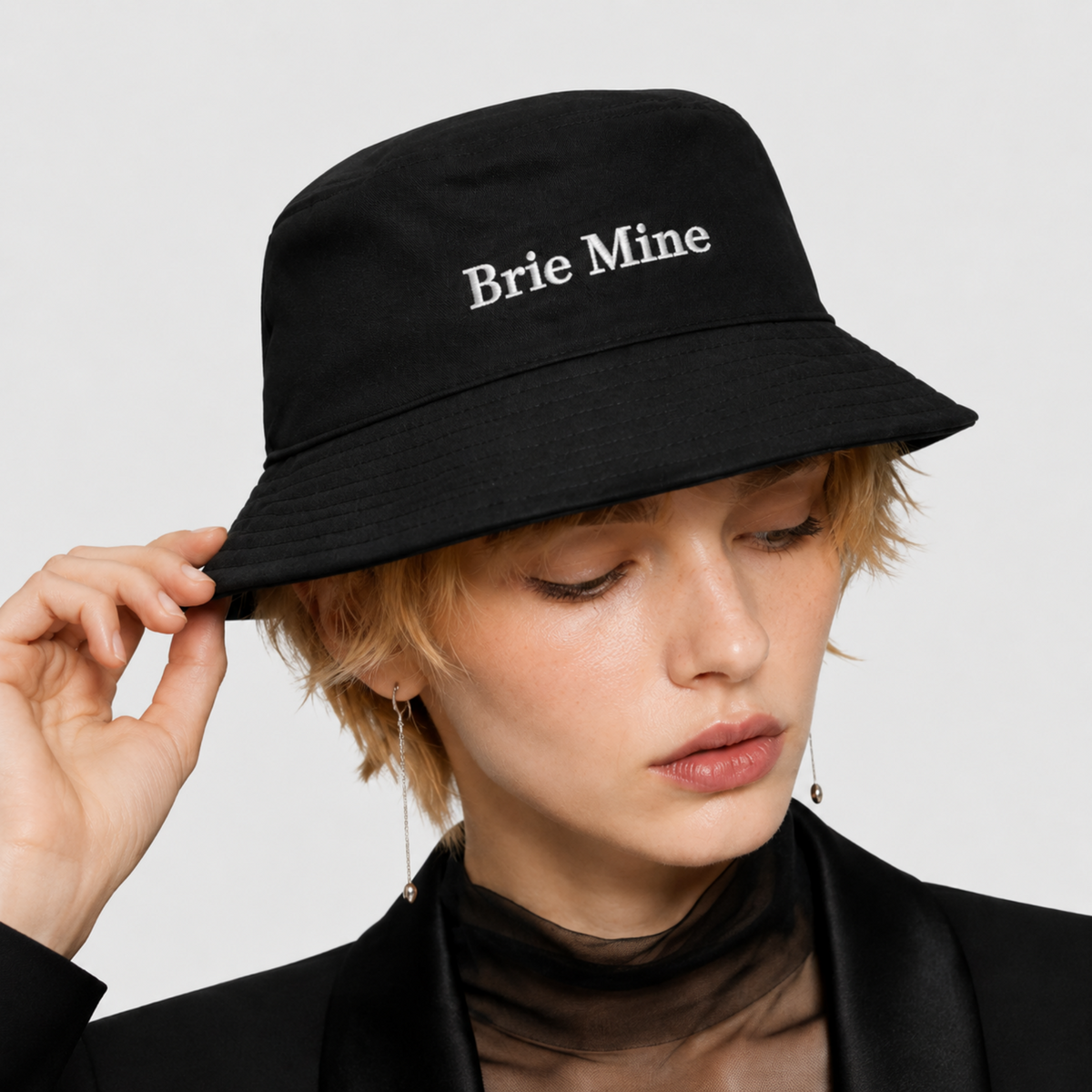 Cherie Code Brie Mine Embroidered Bucket Hat, Soft Cotton Wide Brim Fisherman Cap, Black One Size Cheese Lover Casual Sun Hat