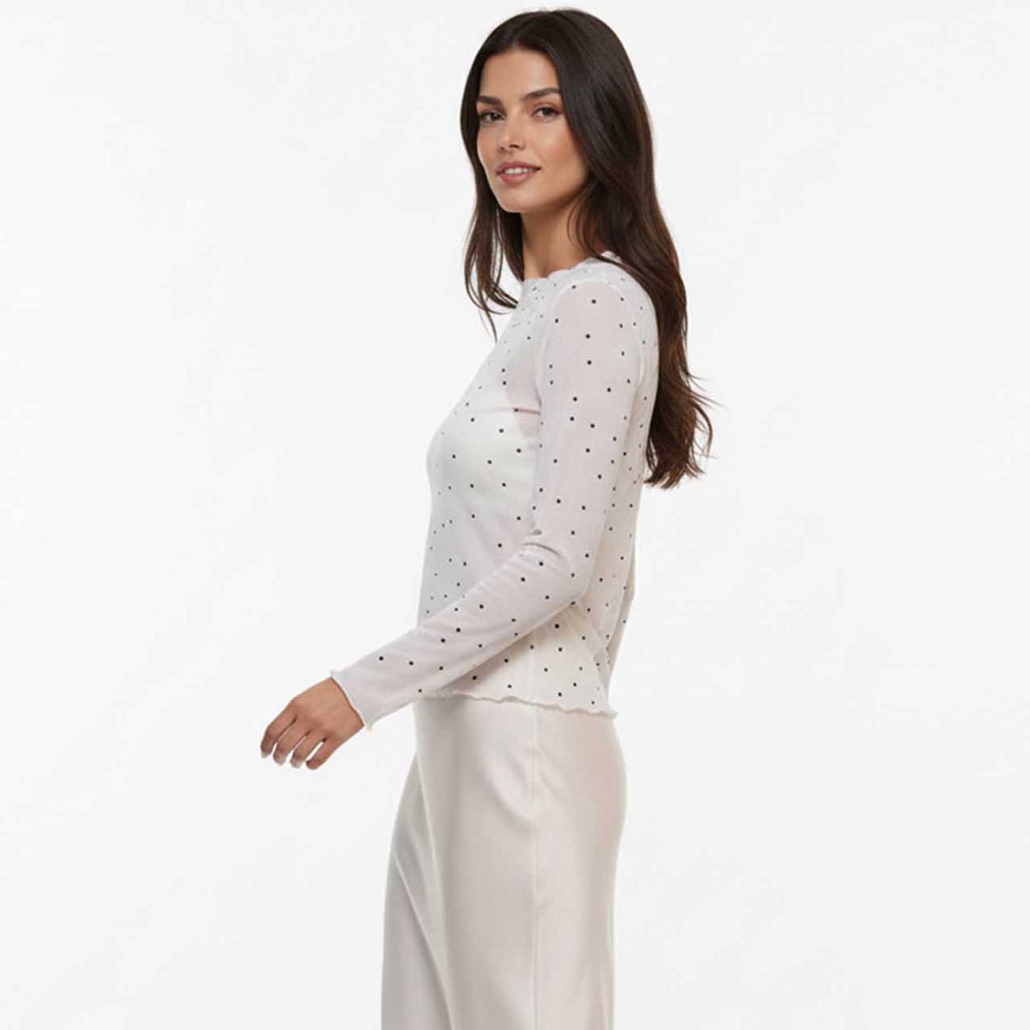 Cherie Code Women’s Mesh Dot Print Top – Slim Long-Sleeve Layer, Stretch