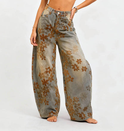 Cherie Code Women’s High-Rise Barrel Leg Denim Pants – Floral Print, Stretch Cotton Blend