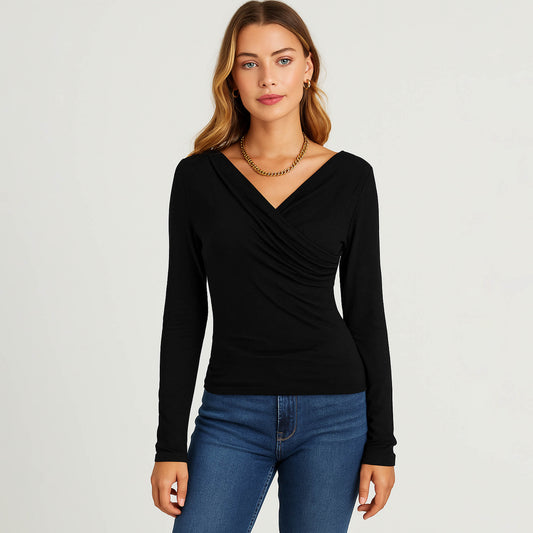Cherie Code Women’s Wrap Top – Soft Knit, Long Sleeve, V-Neck Fit