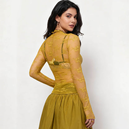 Women's Floral Lace Slim-Fit Top – Sheer Stretch Tee with Baby Overlock Edge Cherie Code