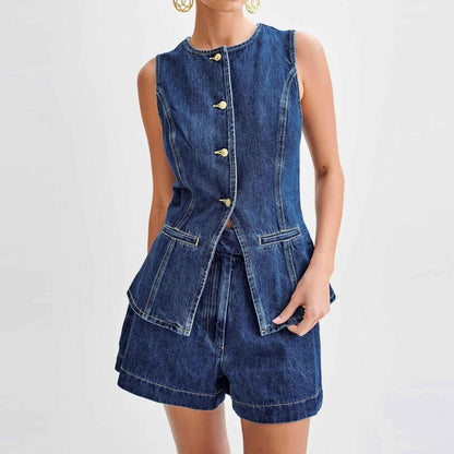 Women's Denim Shorts Set - High Waist Casual Outfit Sleeveless Top with Shorts Cherie Code