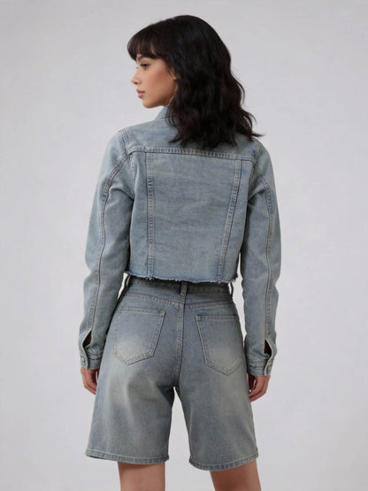 Cherie Code Women's Cropped Denim Jacket Button Front Long Sleeve Light Wash