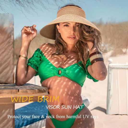 Cherie Code Single Bow Decor Open Top Straw Sun Visor UPF50+ UV Protection Wide Brim Foldable Breathable Beach Golf Summer Sun Hat Khaki 1 Pack