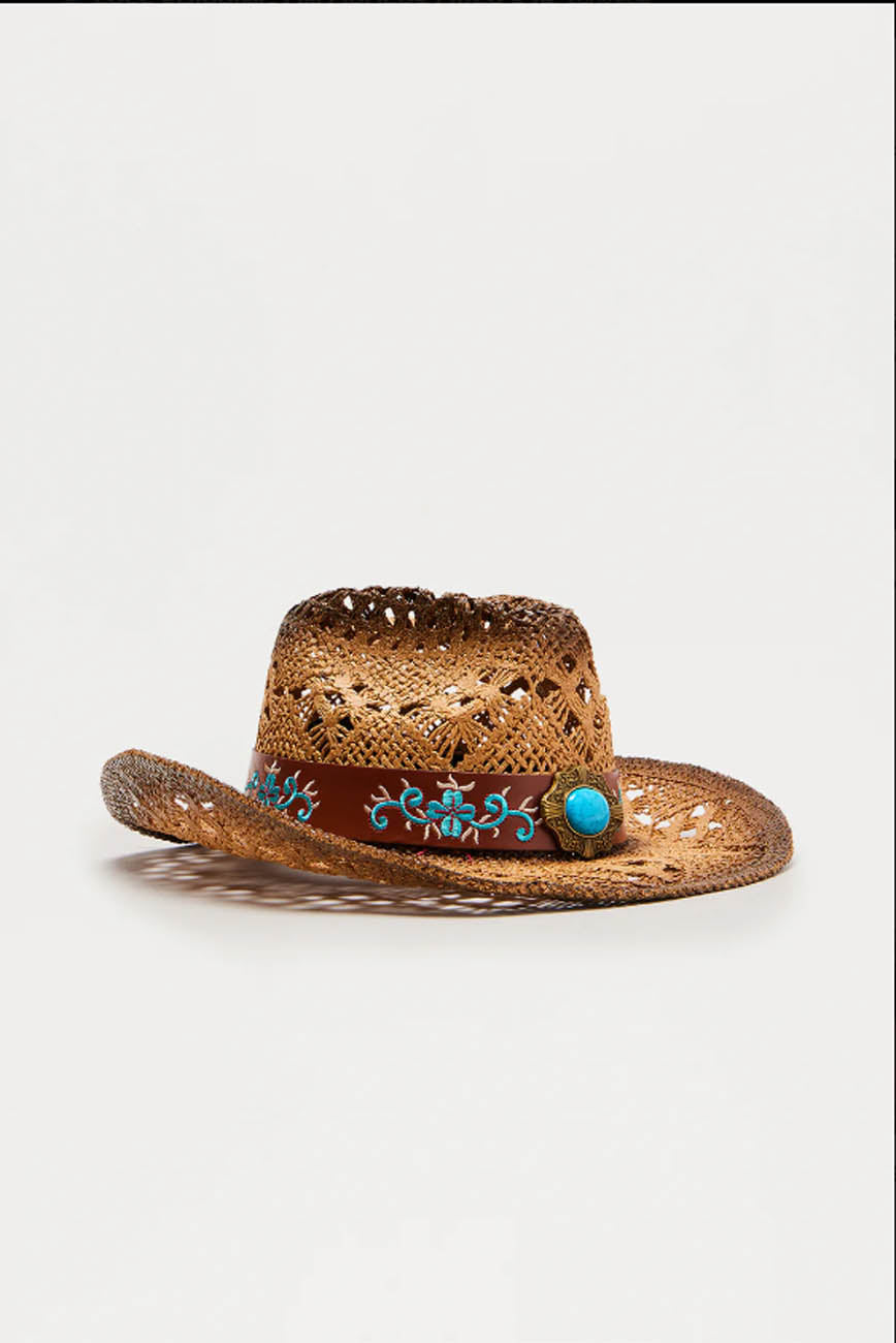 Cherie Code Women's Turquoise Accent Western Straw Cowboy Hat, Breathable Openwork Sun Hat