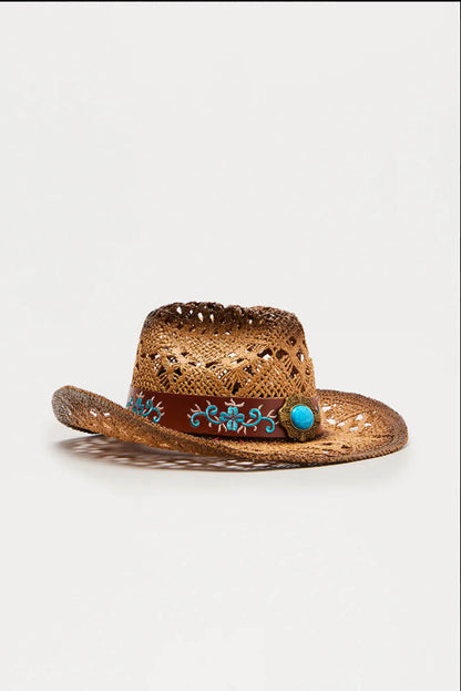 Cherie Code Women's Turquoise Accent Western Straw Cowboy Hat, Breathable Openwork Sun Hat
