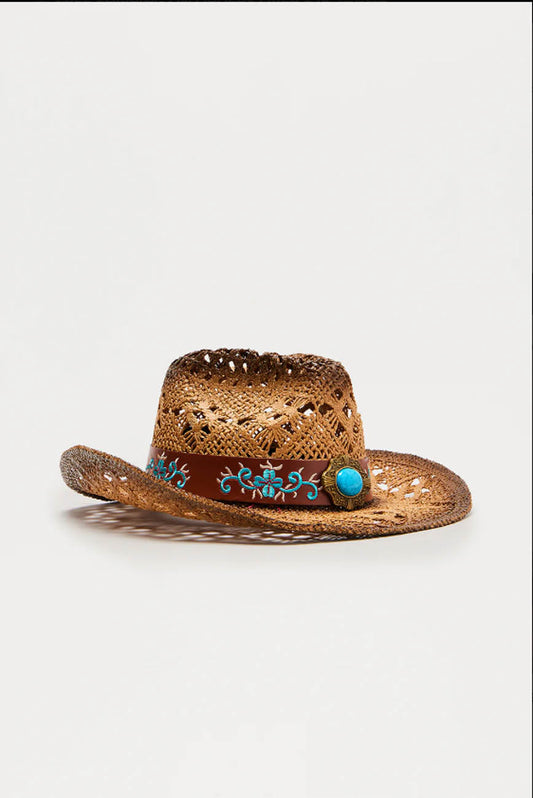 Cherie Code Women's Turquoise Accent Western Straw Cowboy Hat, Breathable Openwork Sun Hat