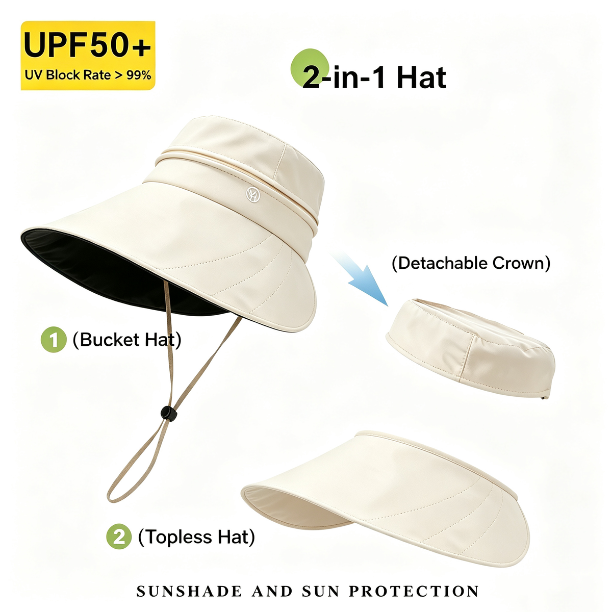 Cherie Code Bucket Sun Hat 2 in 1 Detachable Crown Ponytail UPF50+ Wide Brim UV Protection Hat  1 Pack