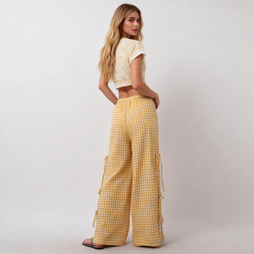 Women Everyday Checked Elastic Waist Side Strape Bowtie Casual Loungewear Pants Cherie Code
