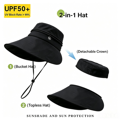 Cherie Code Bucket Sun Hat 2 in 1 Detachable Crown Ponytail UPF50+ Wide Brim UV Protection Hat  1 Pack