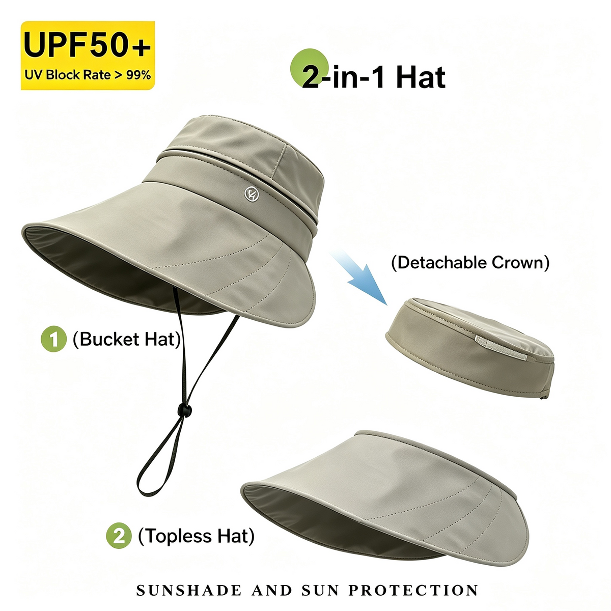 Cherie Code Bucket Sun Hat 2 in 1 Detachable Crown Ponytail UPF50+ Wide Brim UV Protection Hat  1 Pack
