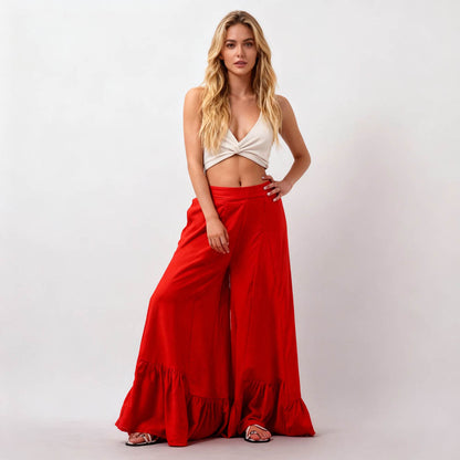Breathable Polyester Wide Leg Flare Pants - Mid Rise & Casual Fit Cherie Code