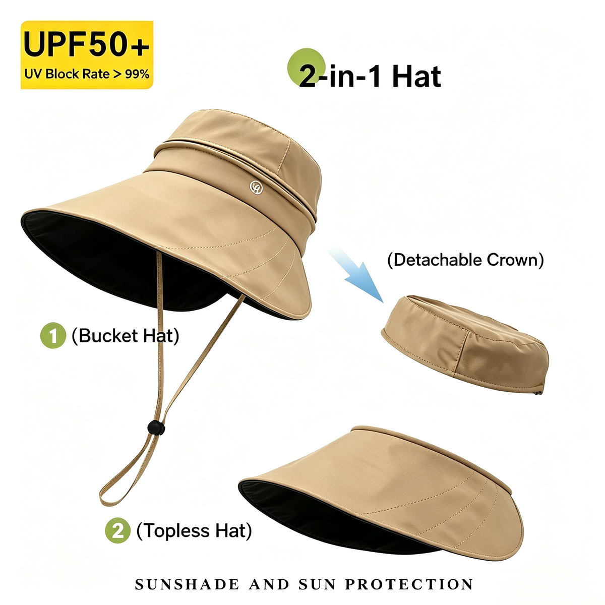Cherie Code Bucket Sun Hat 2 in 1 Detachable Crown Ponytail UPF50+ Wide Brim UV Protection Hat  1 Pack