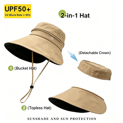 Cherie Code Bucket Sun Hat 2 in 1 Detachable Crown Ponytail UPF50+ Wide Brim UV Protection Hat  1 Pack