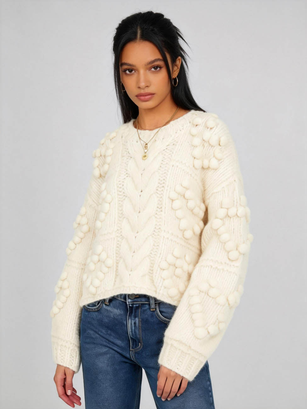 Cherie Code Women’s Cream Cable‑Knit Heart Pattern Sweater – Cozy Round Neck Long Sleeve Pullover