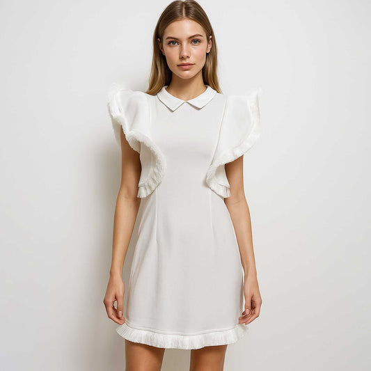 Women's White Fringed Sleeve Mini Dress – Flounce Detail by Cherie Code