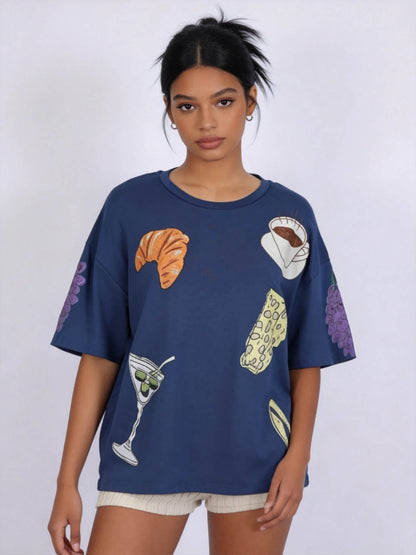Women's Oversized Graphic T-Shirt – Casual Loose Fit Short Sleeve Tee with Food & Drink Print, Crewneck Summer Streetwear Top