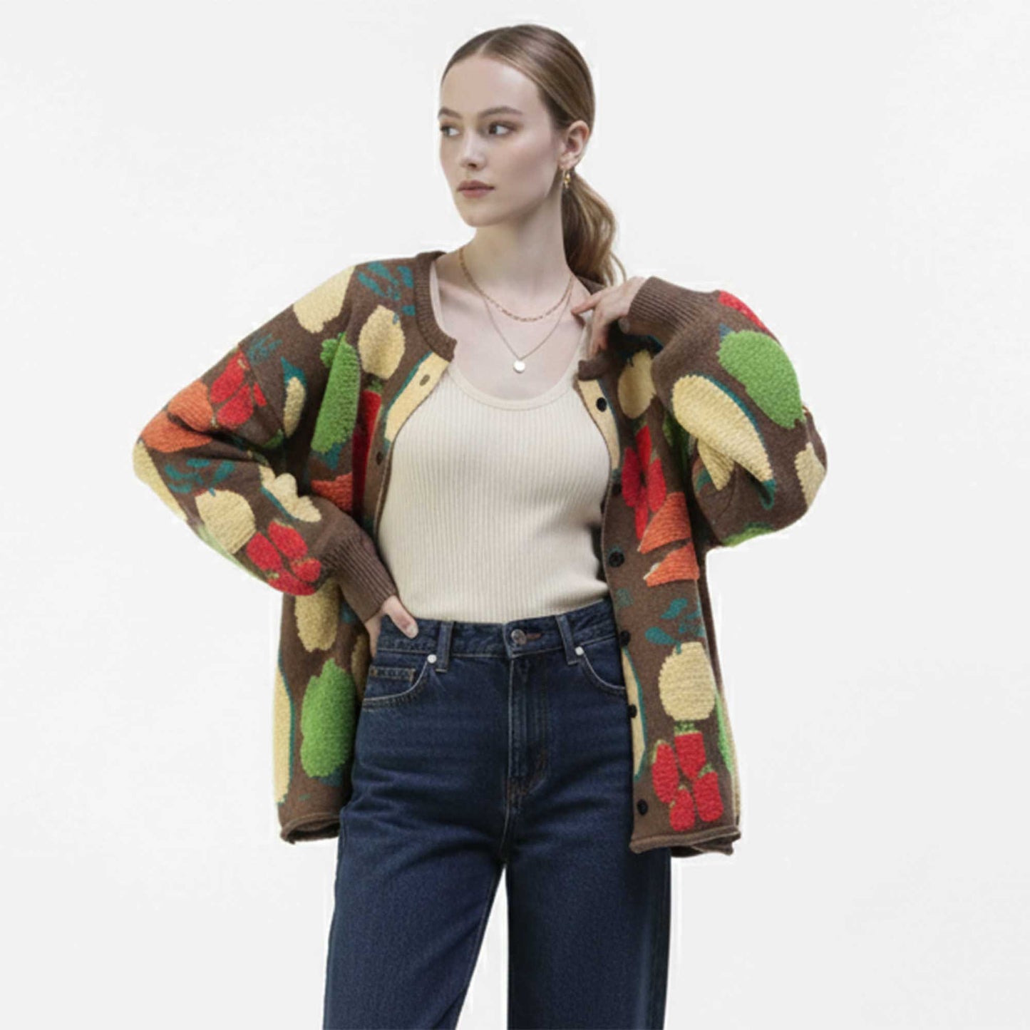 Women's Veggie Garden Jacquard Knit Cardigan -Casual Button Front Sweater Long Sleeves