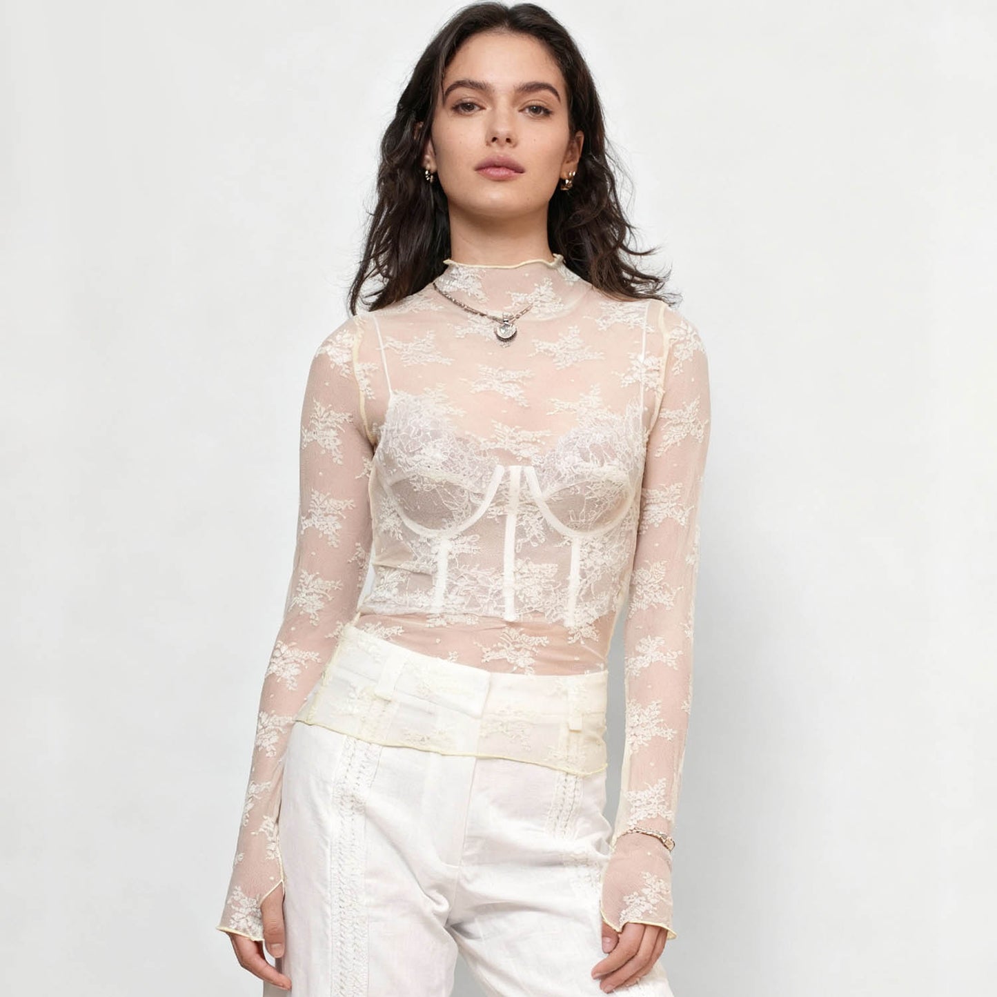 Women's Floral Lace Slim-Fit Top – Sheer Stretch Tee with Baby Overlock Edge Cherie Code