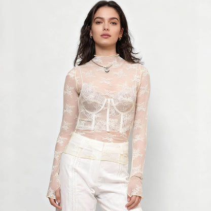 Women's Floral Lace Slim-Fit Top – Sheer Stretch Tee with Baby Overlock Edge Cherie Code