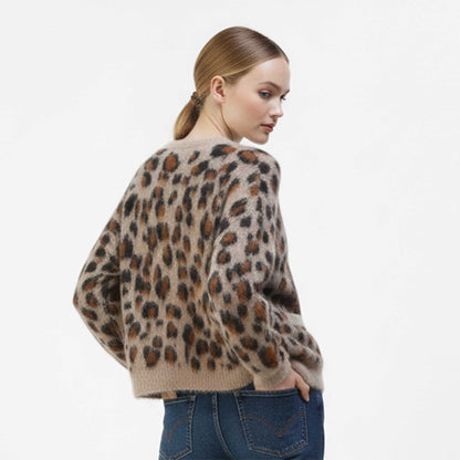 Cherie Code Women’s Leopard Print Knit Cardigan – Button‑Front Round Neck Sweater with Pockets