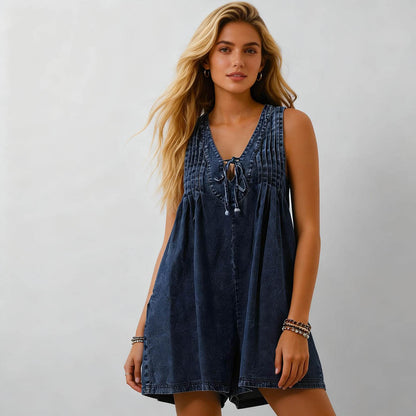 Women's Denim Romper - Sleeveless V-Neck Jumpsuit with Tie Front & Pockets Cherie Code