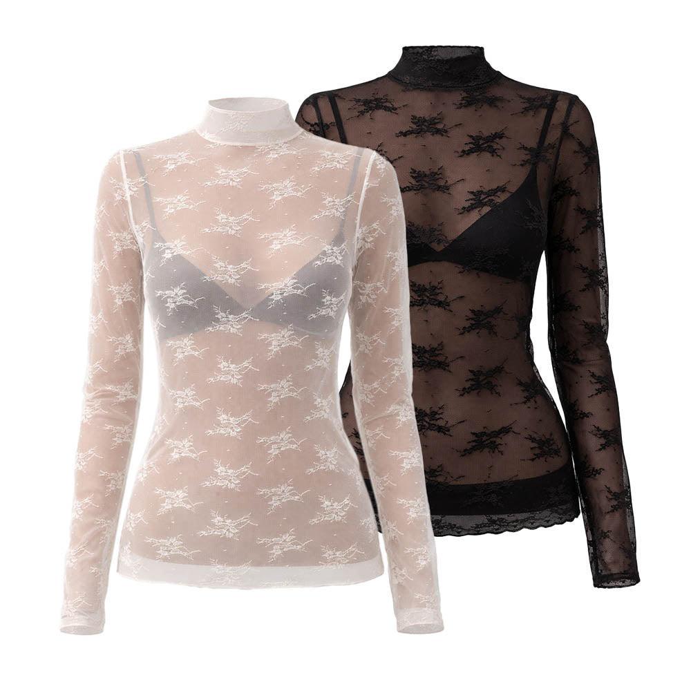 2 piece Women’s  Sheer Lace Long Sleeve Top – High Neck, Sexy & Layering Essential Cherie Code Buy 2 Save!