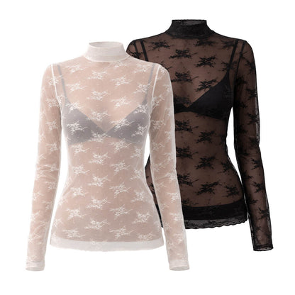 2 piece Women’s  Sheer Lace Long Sleeve Top – High Neck, Sexy & Layering Essential Cherie Code Buy 2 Save!