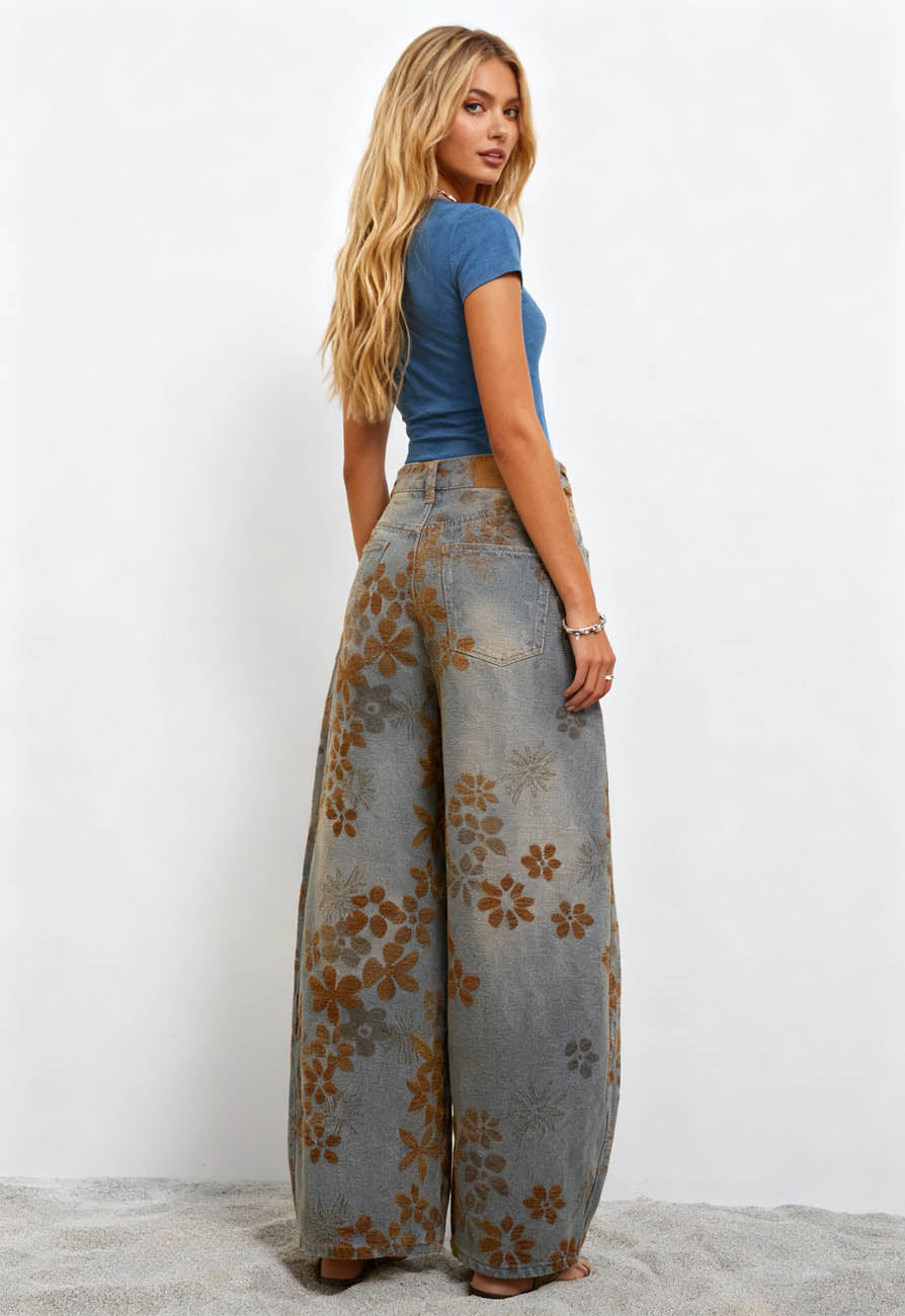 Cherie Code Women’s High-Rise Barrel Leg Denim Pants – Floral Print, Stretch Cotton Blend