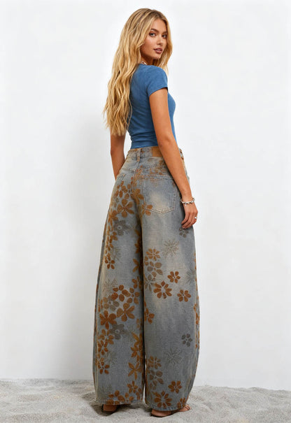 Cherie Code Women’s High-Rise Barrel Leg Denim Pants – Floral Print, Stretch Cotton Blend